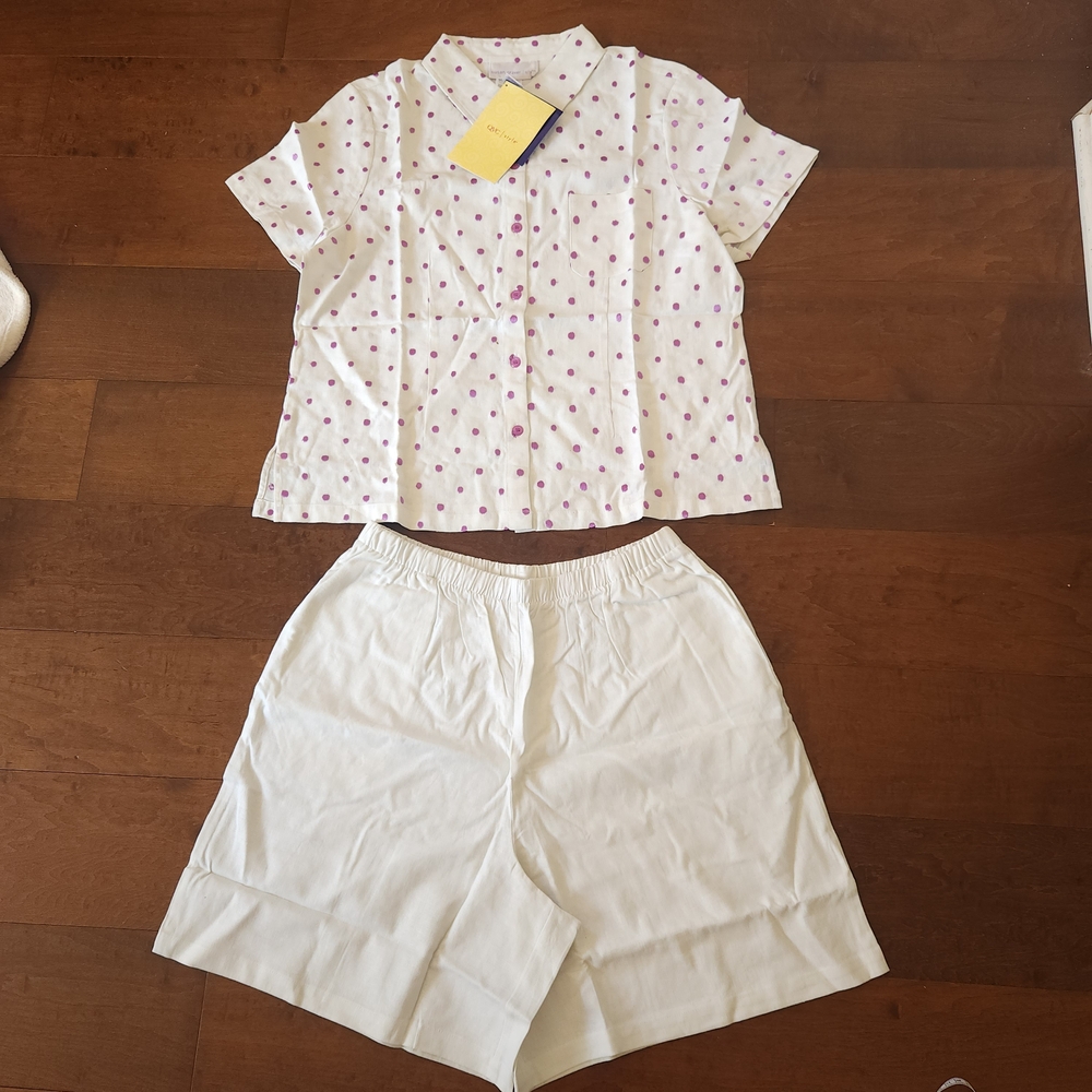 NWT Susan Graver Women's Linen Embroidery White And Purple Pajama Set  Size L